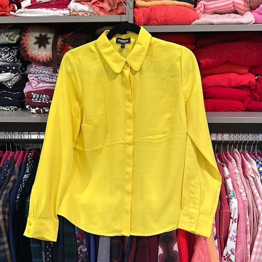 Express bright yellow hidden button down blouse size S NWT
